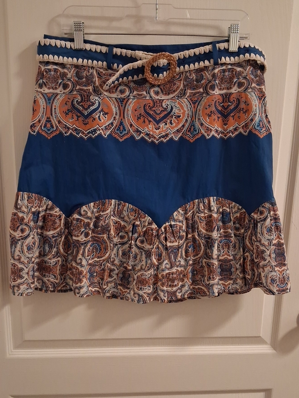Blue Paisley-Trim Mini Skirt with Decorative Belt